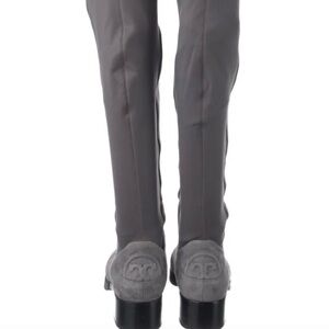 Tory Burch Caitlin Gray Over-the-Knee Suede Boots with Logo Detail.
